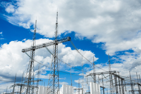 High voltage post. High-voltage tower sky background.の写真素材