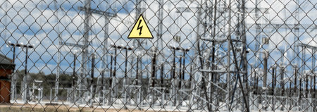 high voltage warning sign on high-voltage substation