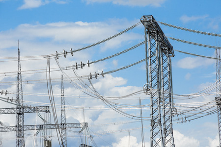 High voltage post. High-voltage tower sky background.の写真素材