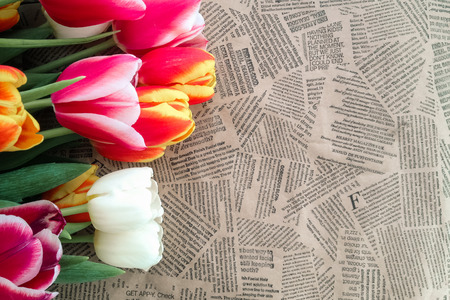 Tulips flowers bunch on Vintage newspaper background. Empty space for copy, text, lettering.の写真素材