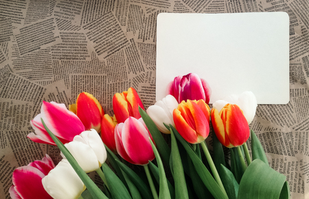 Tulips flowers bunch on Vintage newspaper background. Empty space for copy, text, lettering. Postcard, greeting card template.の写真素材