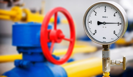 Gas manometer on background Valves manual in the production process. Production process used manual...