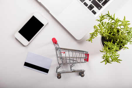 Online shopping. Bank card nearby a laptop and mini shopping cart on white background top view.の写真素材