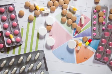 Medical marketing and Health care business analysis report. Pile of pills in blister packs backgroundの写真素材