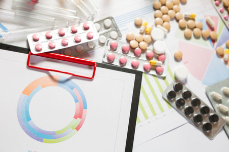 Medical marketing and Health care business analysis report. Pile of pills in blister packs backgroundの写真素材