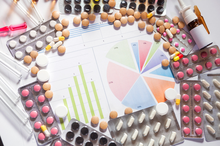 Medical marketing and Health care business analysis report. Pile of pills in blister packs backgroundの写真素材
