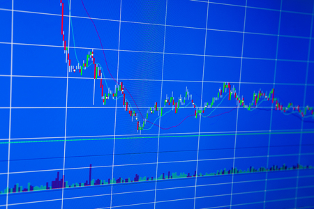 Financial graph on a computer monitor screen. Background stock chart. Analysing stock market data on a monitor. Blue background with stock chart. Finance concept. Tools of technical analysis.の写真素材