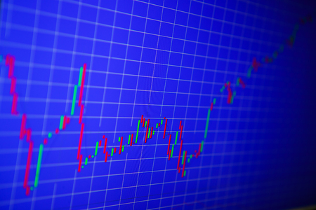 Financial graph on a computer monitor screen. Background stock chart. Analysing stock market data on a monitor. Blue background with stock chart. Finance concept. Tools of technical analysis.の写真素材