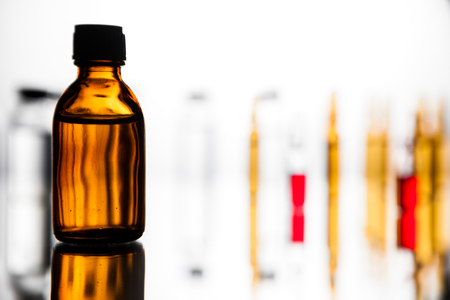 Group object of liquid medicinal agent in limpid glassware in medical laboratoryの写真素材
