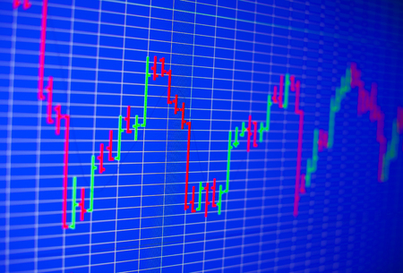 Financial graph on a computer monitor screen. Background stock chart. Analysing stock market data on a monitor. Blue background with stock chart. Finance concept. Tools of technical analysis.の写真素材