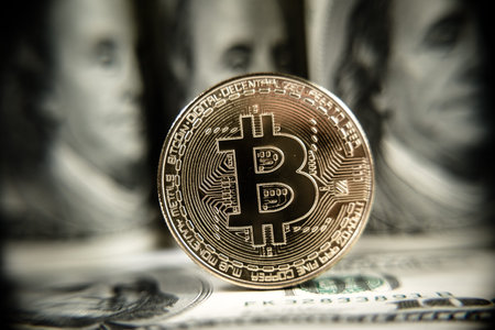 New virtual money Golden bitcoin coin on us dollars background . Cryptocurrency. Business and...