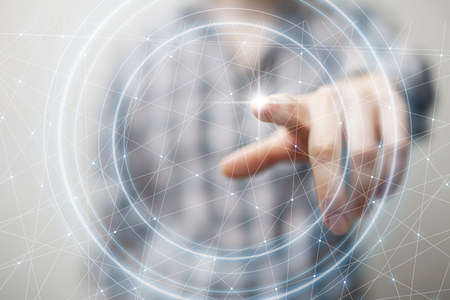 Businessman on blurred background using flying network connection interface 3D rendering.の写真素材
