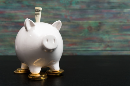 White piggy bank with one gold bitcoin coin new virtual money on a colored wooden backgroundの写真素材