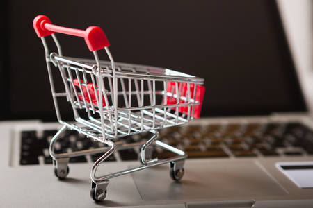 Online shopping. Bank card nearby a laptop and mini shopping cart on white background top view.の写真素材