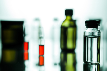 Group object of liquid medicinal agent in limpid glassware in medical laboratory.の写真素材