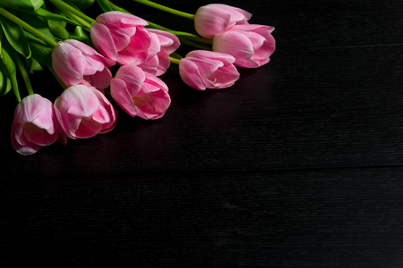 Border from bright pink tulips flowers on black wooden background. Selective focus.の写真素材