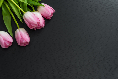 Border from bright pink tulips flowers on black wooden background. Selective focus.の写真素材