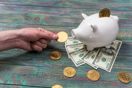 White piggy bank with one gold bitcoin coin new virtual money on a colored wooden backgroundの写真素材