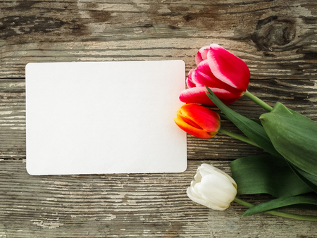 Tulips flowers bunch on dark barn wood planks background. Empty space for copy, text, lettering. Postcard, greeting card template.の写真素材