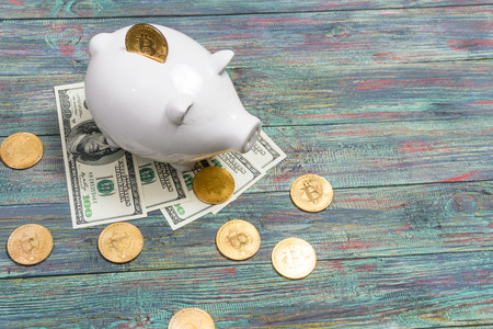 White piggy bank with one gold bitcoin coin new virtual money on a colored wooden backgroundの写真素材