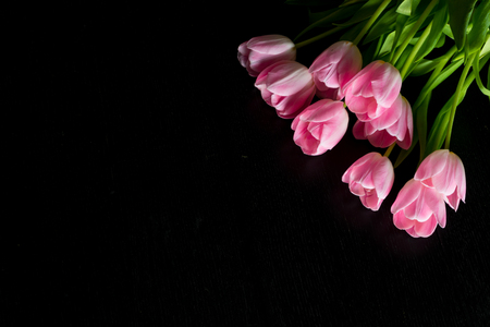 Border from bright pink tulips flowers on black wooden background. Selective focus. Place for text. Flat lay.の写真素材