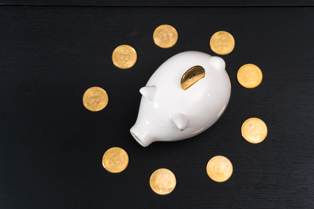 White piggy bank with one gold bitcoin coin new virtual money on a colored wooden backgroundの写真素材