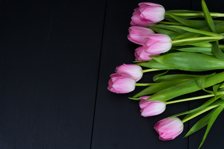 Border from bright pink tulips flowers on black wooden background. Selective focus. Place for text. Flat lay.の写真素材