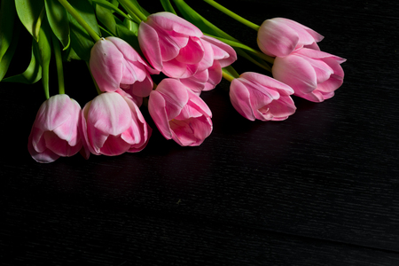 Border from bright pink tulips flowers on black wooden background. Selective focus. Place for text. Flat lay.の写真素材