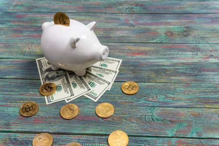 White piggy bank with one gold bitcoin coin new virtual money on a colored wooden backgroundの写真素材