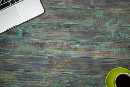 Office desk table with supplies. Top view. Copy space for textの写真素材