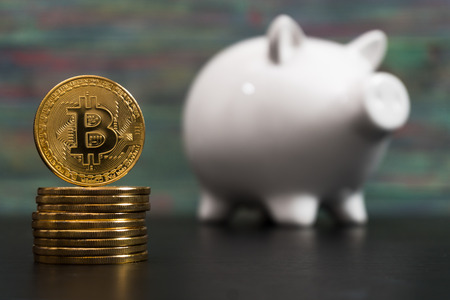 White piggy bank with one gold bitcoin coin new virtual money on a colored wooden backgroundの写真素材