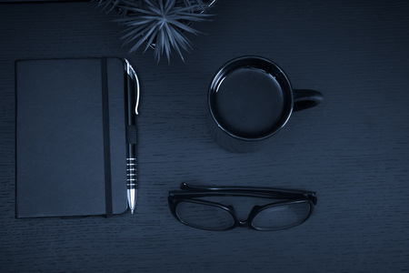 Office desk table with supplies. Top view. Copy space for textの写真素材