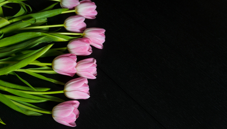 Border from bright pink tulips flowers on black wooden background. Selective focus. Place for text. Flat lay.の写真素材