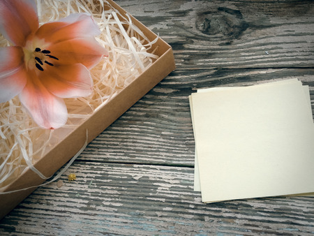 Tulip  flower  on dark barn wood planks background. Empty space for copy, text, lettering. Postcard, greeting card template.の写真素材