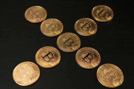 Bitcoin coin symbol on laptop future concept financial currency crypto currency sign. With copy spaceの写真素材