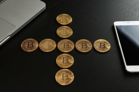 Bitcoin coin symbol on laptop future concept financial currency crypto currency sign. With copy spaceの写真素材