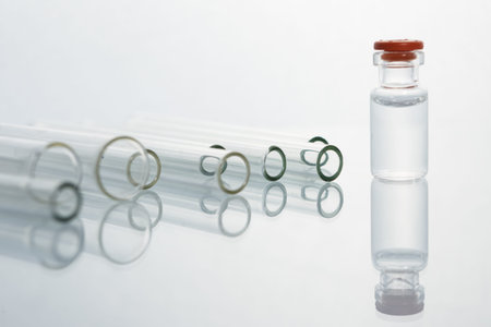 Group of vials with medication on blue methacrylate table. Horizontal composition.
