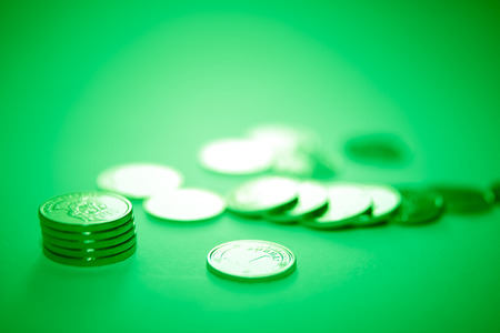 Stack of coins black and white macro. Ukrainian coins , Concept of saving moneyの写真素材