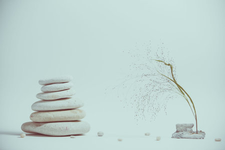 Spa still life with stacked of stone with a beautiful branch, selective focus, toned image