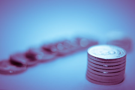 Stack of coins black and white macro. Ukrainian coins , Concept of saving money