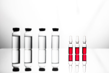 Group object of liquid medicinal agent in limpid glassware in medical laboratory