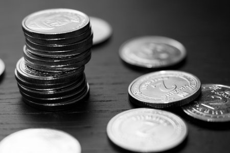 Stack of coins black and white macro. Ukrainian coins , Concept of saving moneyの写真素材
