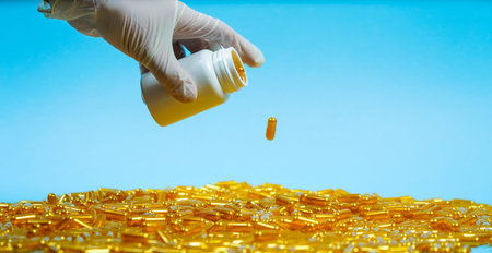 Pharmacist pouring drugs into his hand and counting pills isolated on blue background. Medical,...