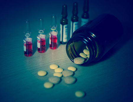 Drug prescription for treatment medication. Pharmaceutical medicament, cure in container for health....