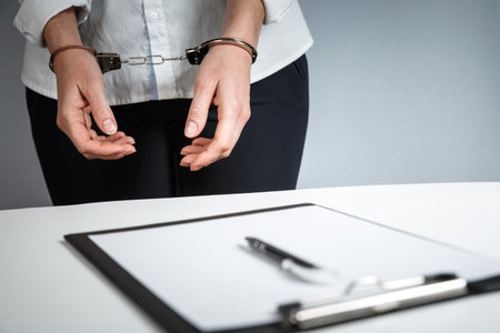 Female hands in handcuffs fill out police report recognition. Arrest, bail, criminal, prison.