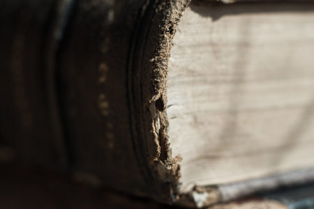 Old book wooden library desk, selective focus