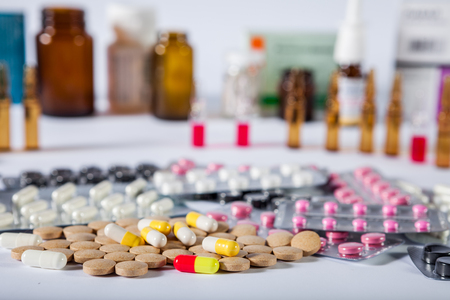Medicine pills in packs pills in blister pack capsules and pill packed in blistersの写真素材