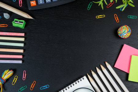 Back to school concept. School and office supplies on office table. Flat lay with copy space.