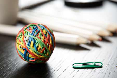 Back to school concept. School and office supplies on office table. Male or boyish still life on the topic of school, study, office work.の写真素材