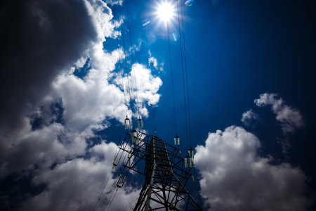 Electricity is the major energy of the world. High voltage post. High voltage tower sky background....